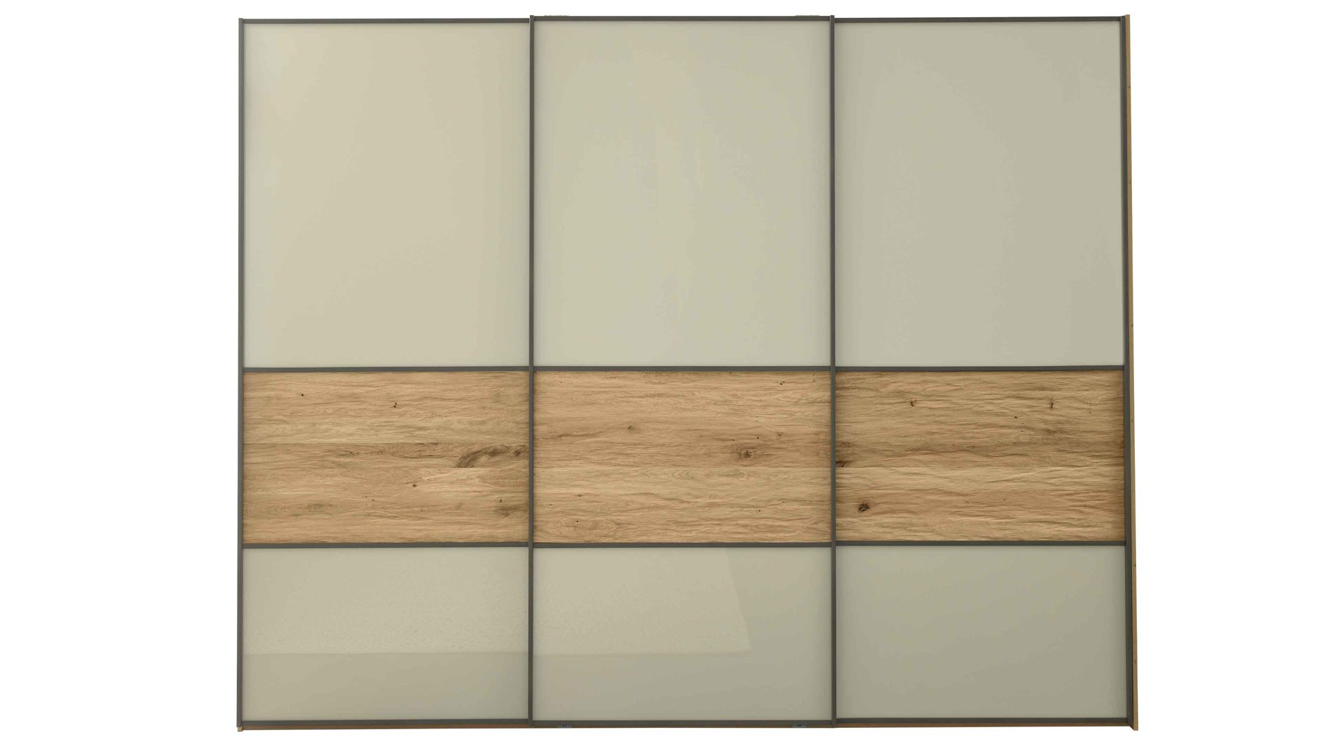Kleiderschrank Interliving aus Holz in Hellgrau Interliving Schlafzimmer Serie 1027 – Schwebetürenschrank 801 Champagner & Eiche bianco - drei Türen, Breite ca. 250 cm