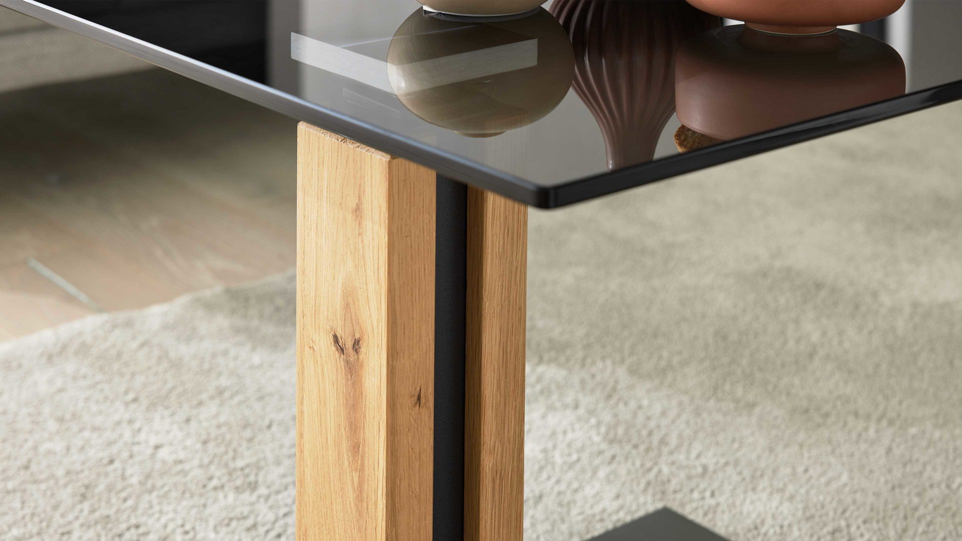 Beistelltisch Interliving aus Glas in Dunkelgrau Interliving Couchtisch Serie 6211 - Beistelltisch GPA-EBI graues Parsolglas & Wildeiche - ca. 55 x 47 cm