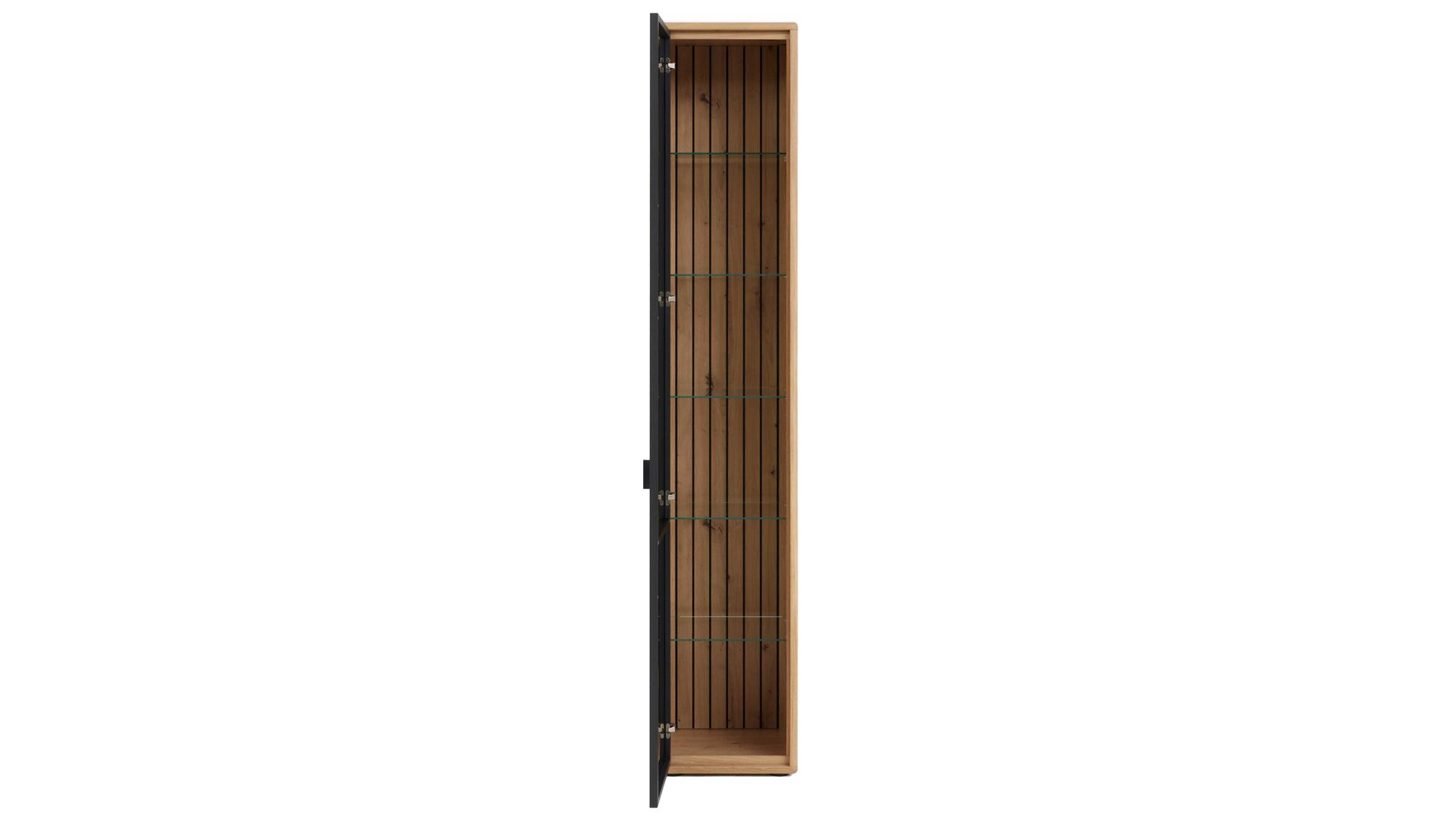 Vitrine Interliving aus Holz in Holzfarben Interliving Wohnzimmer Serie 2024 - Vitrine Eiche & Schwarzglas - eine Tür, Höhe ca. 208 cm