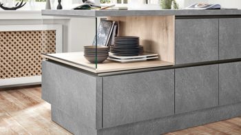 Einbauküche Nobilia® aus Holz in Grau nobilia® Einbauküche Stone Art mit Einbaugeräten Basalt Taupegrau & Eiche Bergamo – zweizeilig