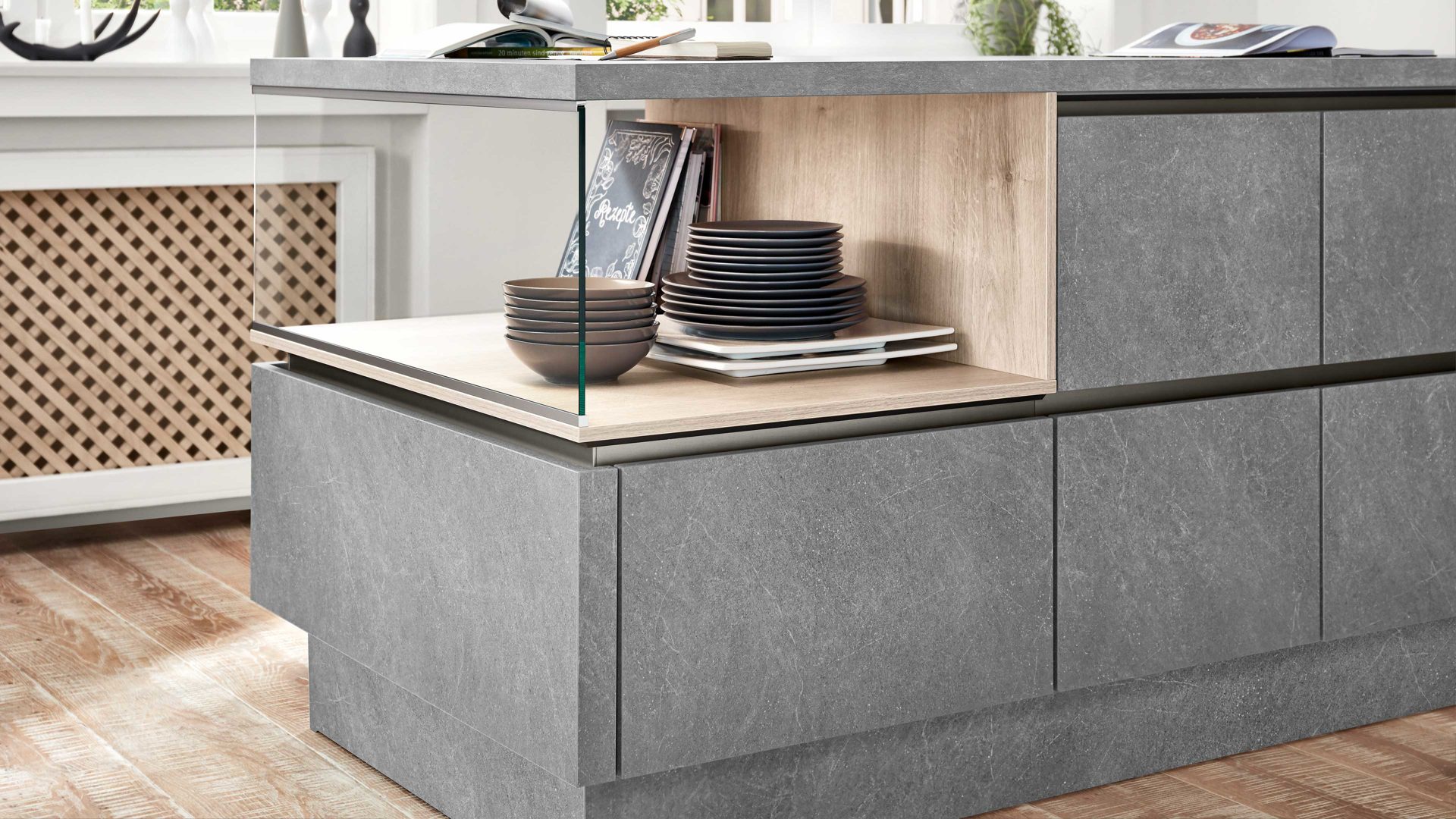 Einbauküche Nobilia® aus Holz in Grau nobilia® Einbauküche Stone Art mit Einbaugeräten Basalt Taupegrau & Eiche Bergamo – zweizeilig