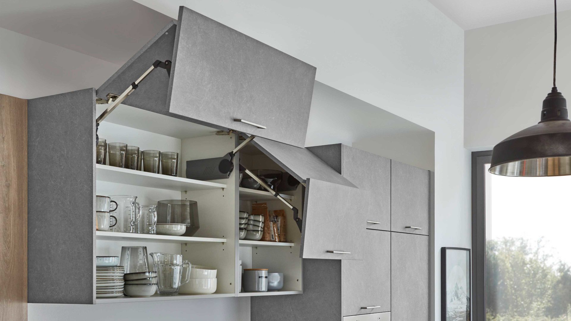 Einbauküche Nobilia® aus Holz in Grau nobilia® Einbauküche Stone Art mit Einbaugeräten Basalt Taupegrau & Eiche Bergamo – zweizeilig