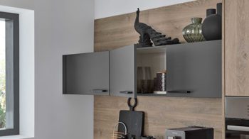 Einbauküche Nobilia® aus Holz in Dunkelgrau nobilia® Einbauküche Touch mit Einbaugeräten Schiefergrau & Eiche Bergamo - Stellfläche ca. 309 x 308 cm