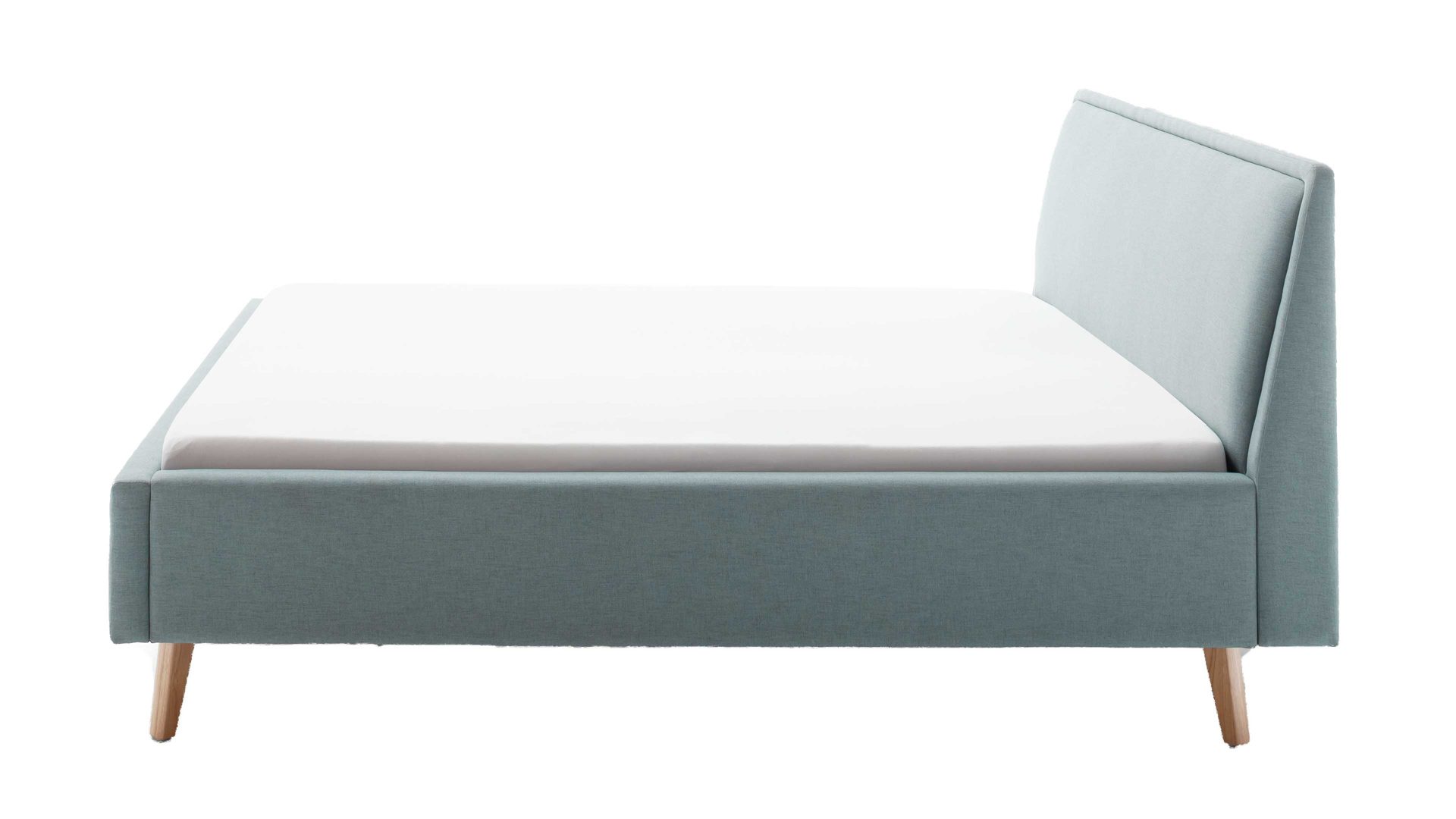 Bettgestell Meise.möbel aus Stoff in Blau Polsterbettgestell Frieda mit Bettkasten eisblauer Bezug Sawana 72 & eichfarbene Holzfüße - Liegefläche ca. 160 x 200 cm