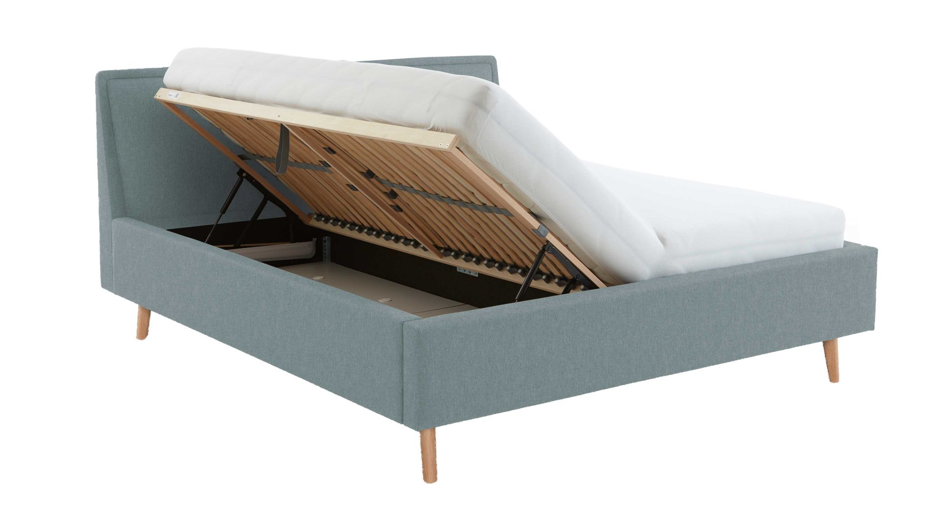 Bettgestell Meise.möbel aus Stoff in Blau Polsterbettgestell Frieda mit Bettkasten eisblauer Bezug Sawana 72 & eichfarbene Holzfüße - Liegefläche ca. 160 x 200 cm
