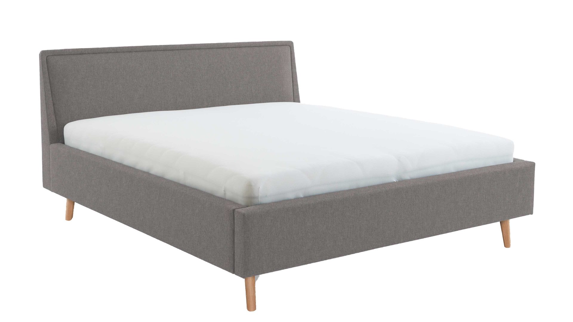 Bettgestell Meise.möbel aus Stoff in Hellgrau Polsterbettgestell Frieda mit Bettkasten hellgrauer Bezug Sawana 21 & eichefarbene Holzfüße - Liegefläche ca. 140 x 200 cm