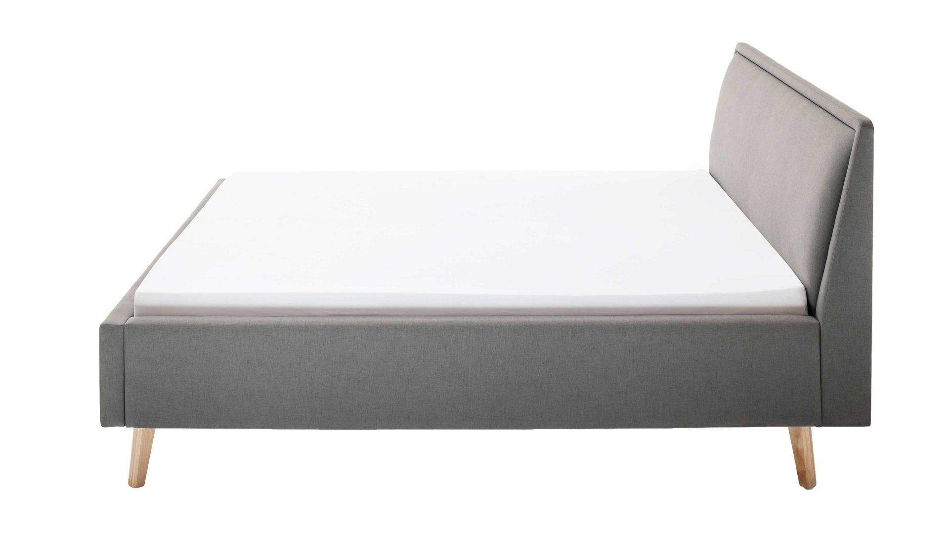 Bettgestell Meise.möbel aus Stoff in Hellgrau Polsterbettgestell Frieda mit Bettkasten hellgrauer Bezug Sawana 21 & eichefarbene Holzfüße - Liegefläche ca. 180 x 200 cm