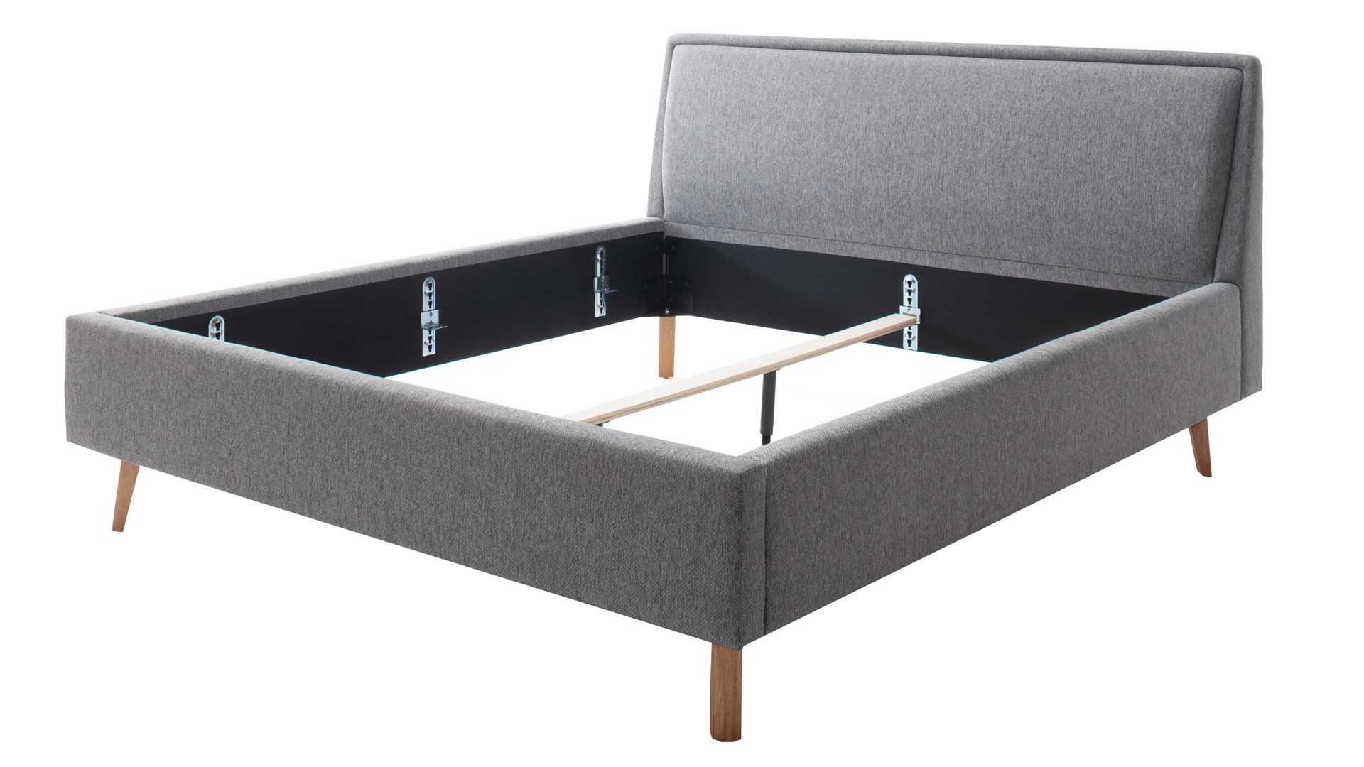 Bettgestell Meise.möbel aus Stoff in Grau Polsterbettgestell Frieda grauer Bezug Stelar 92 & eichefarbene Holzfüße - Liegefläche ca. 140 x 200 cm