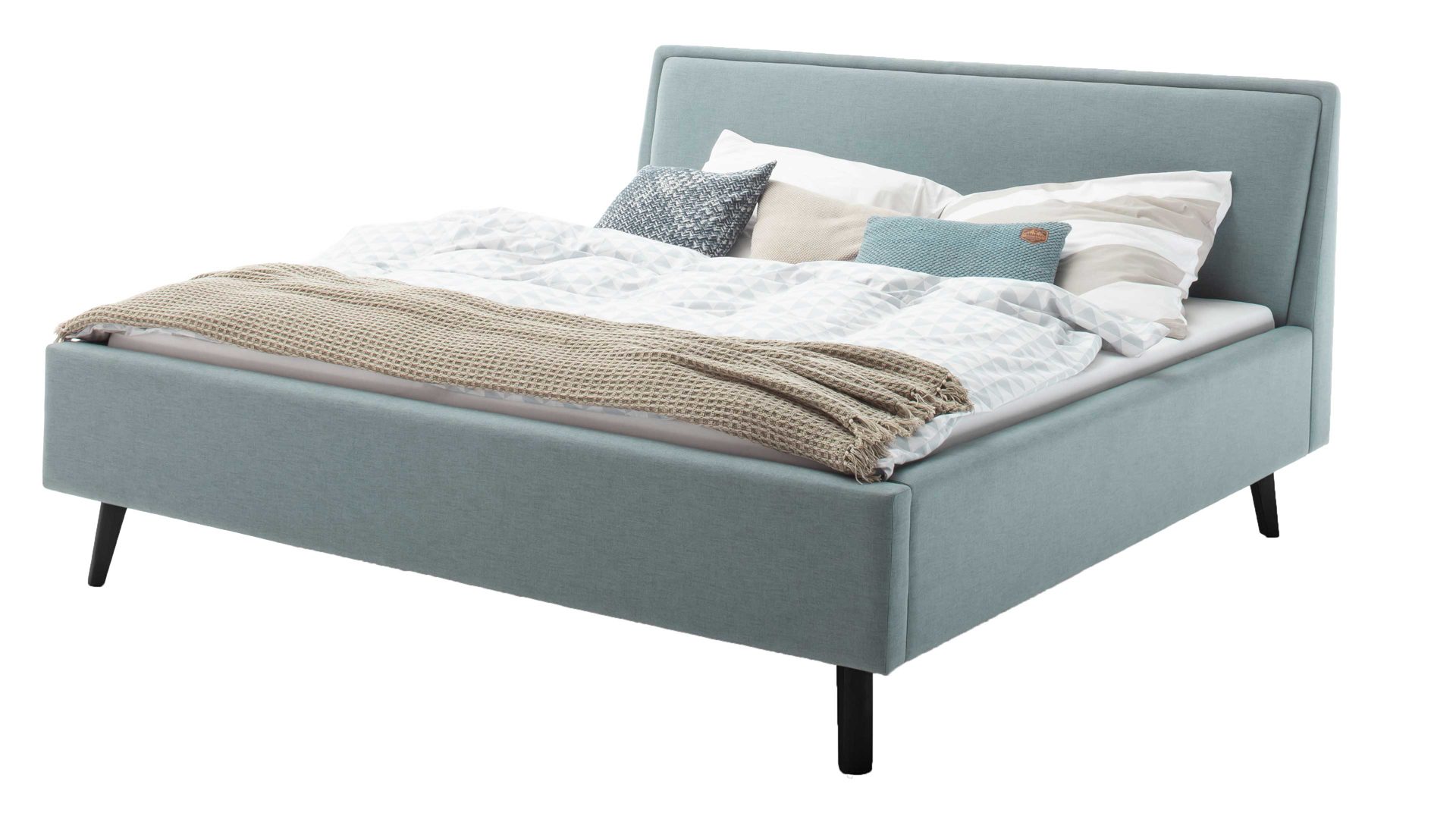 Bettgestell Meise.möbel aus Stoff in Blau Polsterbettgestell Frieda eisblauer Bezug Sawana 72 & schwarze Holzfüße - Liegefläche ca. 140 x 200 cm