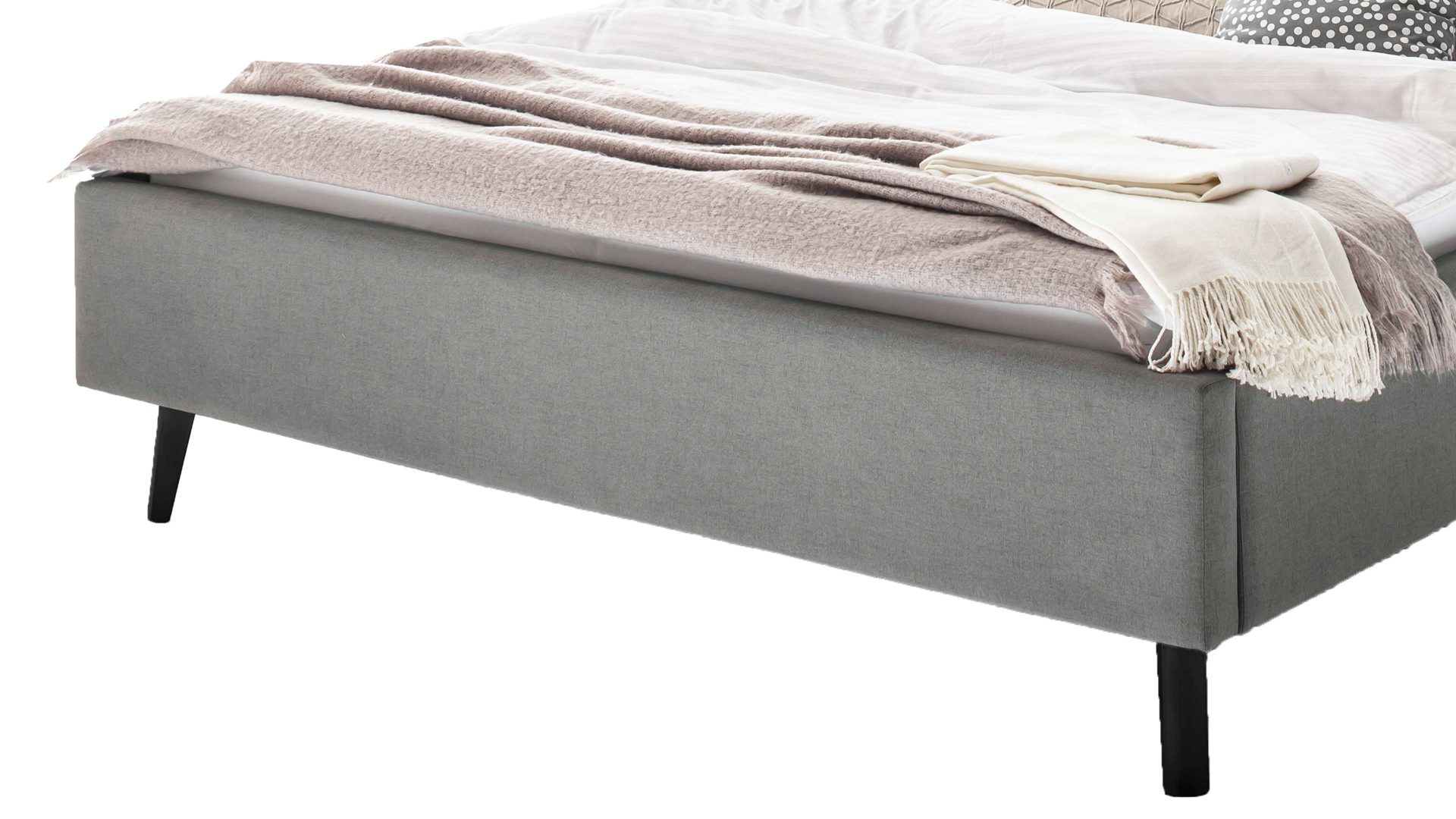 Bettgestell Meise.möbel aus Stoff in Hellgrau Polsterbettgestell Frieda hellgrauer Bezug Sawana 21 & schwarze Holzfüße - Liegefläche ca. 180 x 200 cm