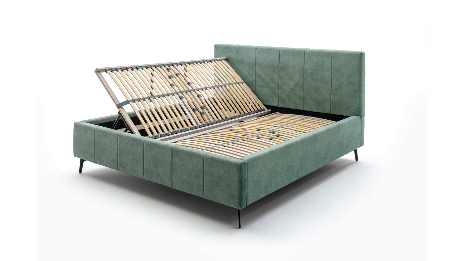 Polsterbett Meise.möbel aus Stoff in Grün Polsterbettgestell Lizzano mit Bettkasten grüner Samtbezug Cloud 33 & Metallfüße  - Liegefläche ca. 180 x 200 cm