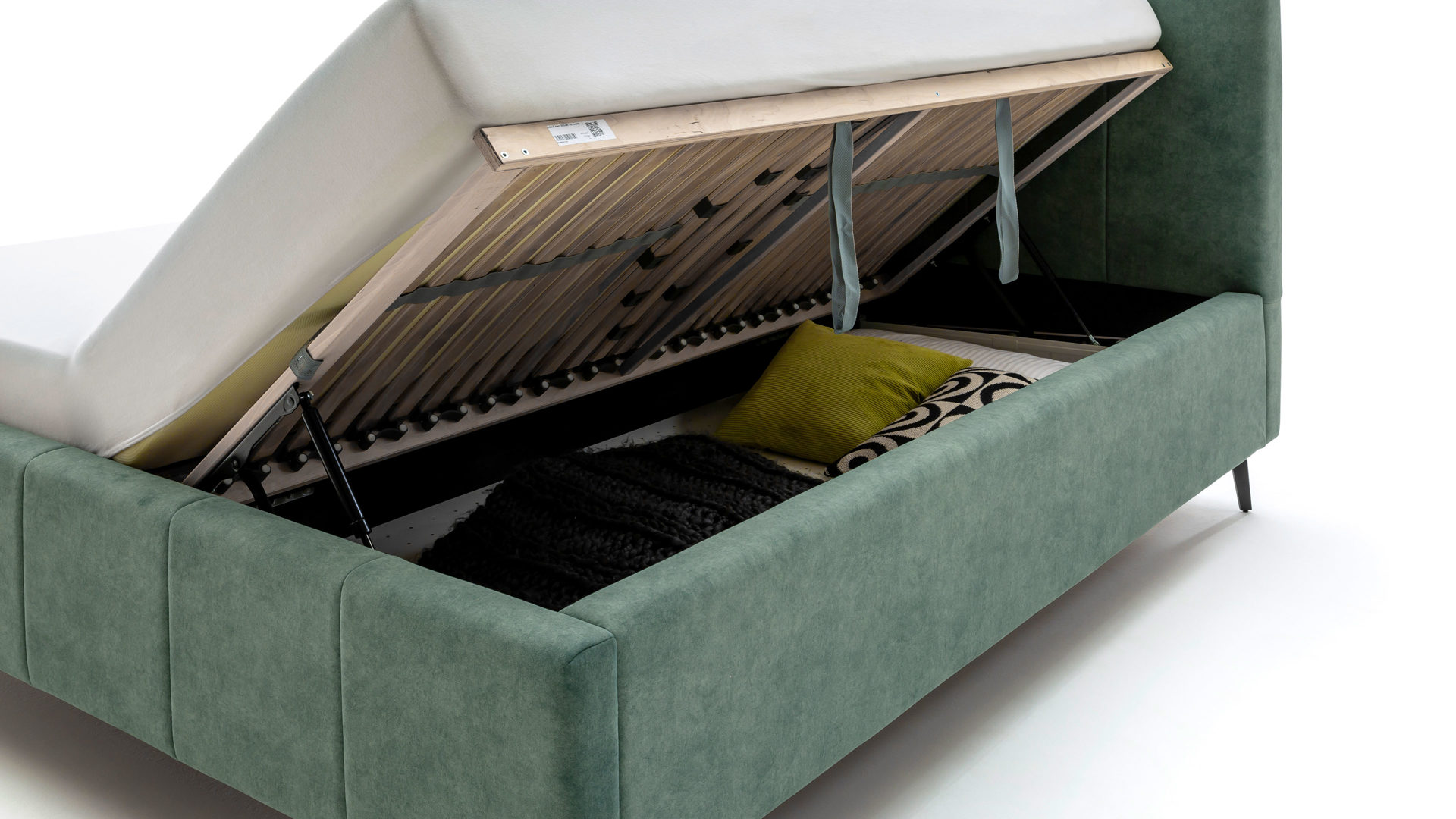 Polsterbett Meise.möbel aus Stoff in Grün Polsterbettgestell Lizzano mit Bettkasten grüner Samtbezug Cloud 33 & Metallfüße  - Liegefläche ca. 180 x 200 cm