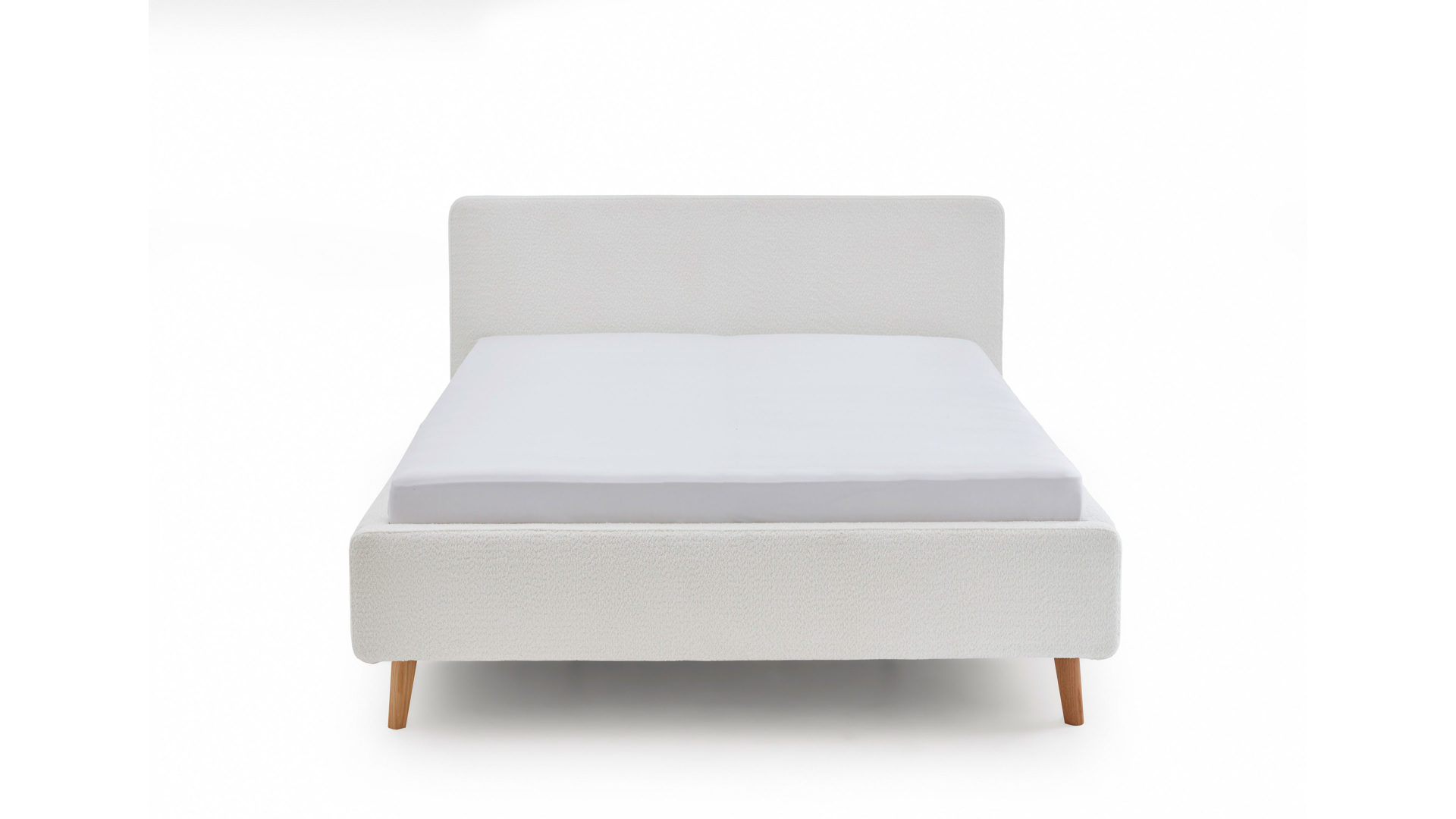 Bettgestell Meise.möbel aus Stoff in Weiß Polsterbettgestell Mattis mit Bettkasten weißer Boucle Bezug Abriamo 4 & Holzfüße - Liegefläche ca. 180 x 200 cm