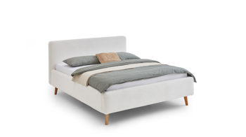 Bettgestell Meise.möbel aus Stoff in Weiß Polsterbettgestell Mattis mit Bettkasten weißer Boucle Bezug Abriamo 4 & Holzfüße - Liegefläche ca. 180 x 200 cm