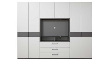 Kleiderschrank Interliving aus Holz in Grau Interliving Kleiderschrank Serie 1207 – Kleiderschrank mit TV-Nische Weiß & Manhattan – sechs Türen, zwei Schubladen, Breite ca. 302 cm