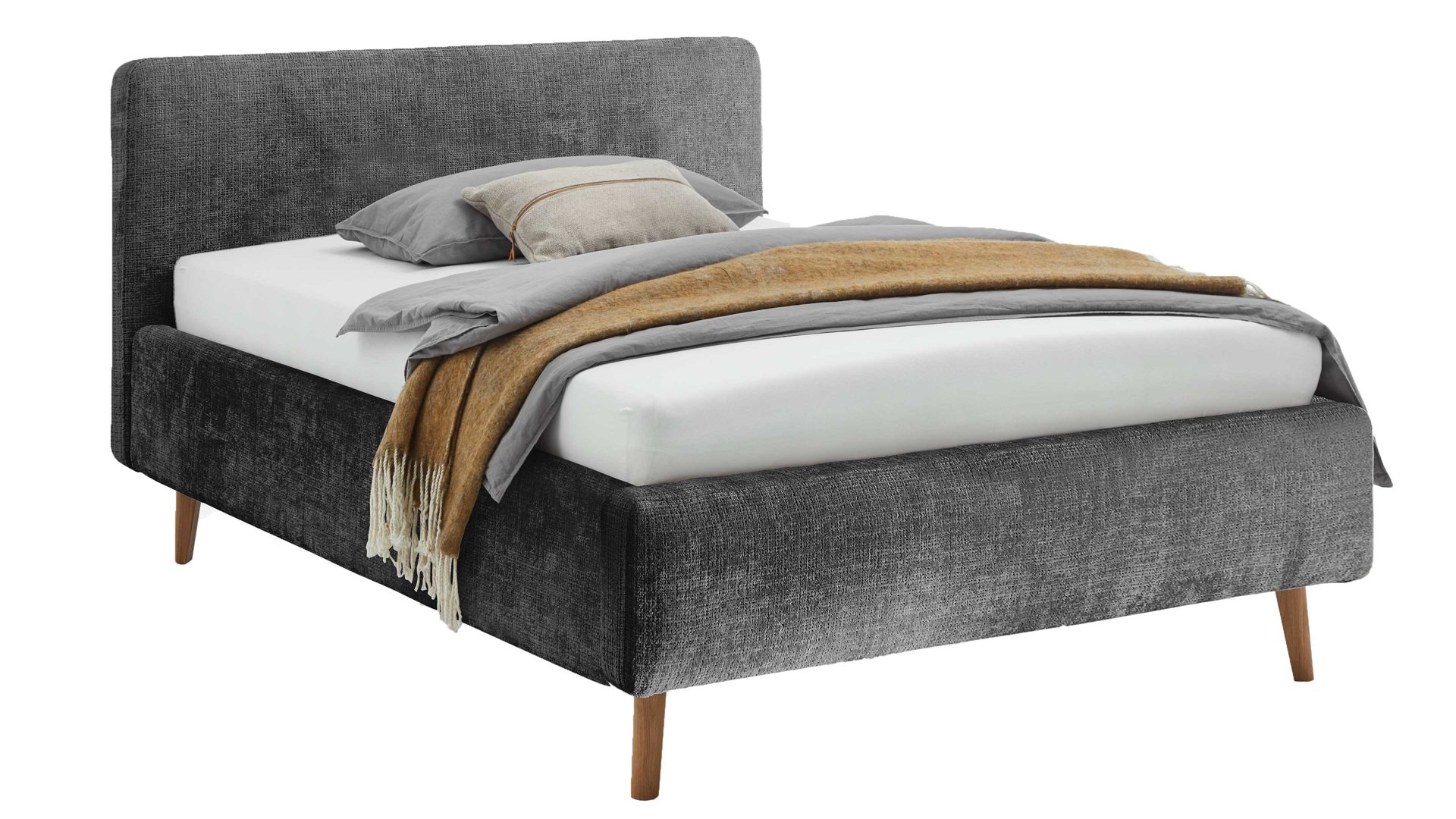 Bettgestell Meise.möbel aus Stoff in Anthrazit Polsterbettgestell Mattis mit Bettkasten anthrazitfarbener Chenille Bezug Yunus  23 & Holzfüße - Liegefläche ca. 140 x 200 cm
