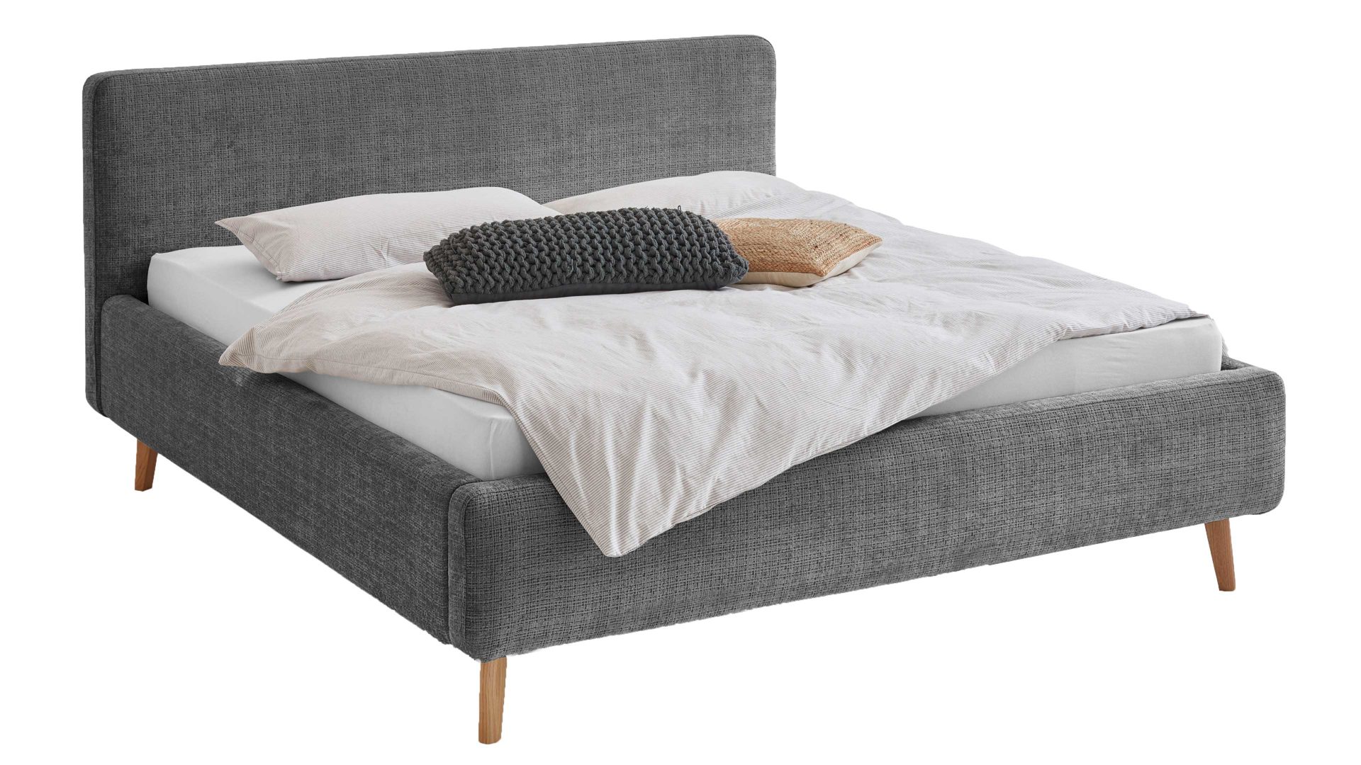 Bettgestell Meise.möbel aus Stoff in Anthrazit Polsterbettgestell Mattis mit Bettkasten anthrazitfarbener Chenille Bezug Yunus 23 & Holzfüße - Liegefläche ca. 180 x 200 cm