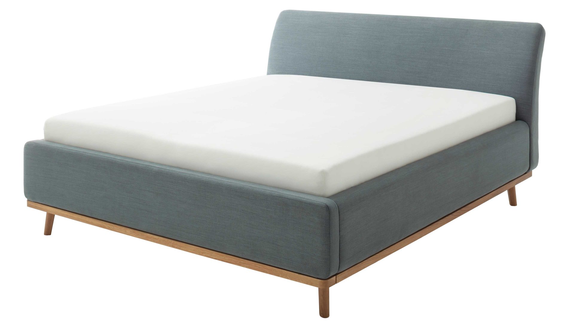 Polsterbett Meise.möbel aus Stoff in Blau Polsterbettgestell Mila mit Bettkasten und Holzrahmen, glattes Kopfteil oceanfarbener Flachgewebe-Bezug Capri 7463 - Liegefläche ca. 180 x 200 cm