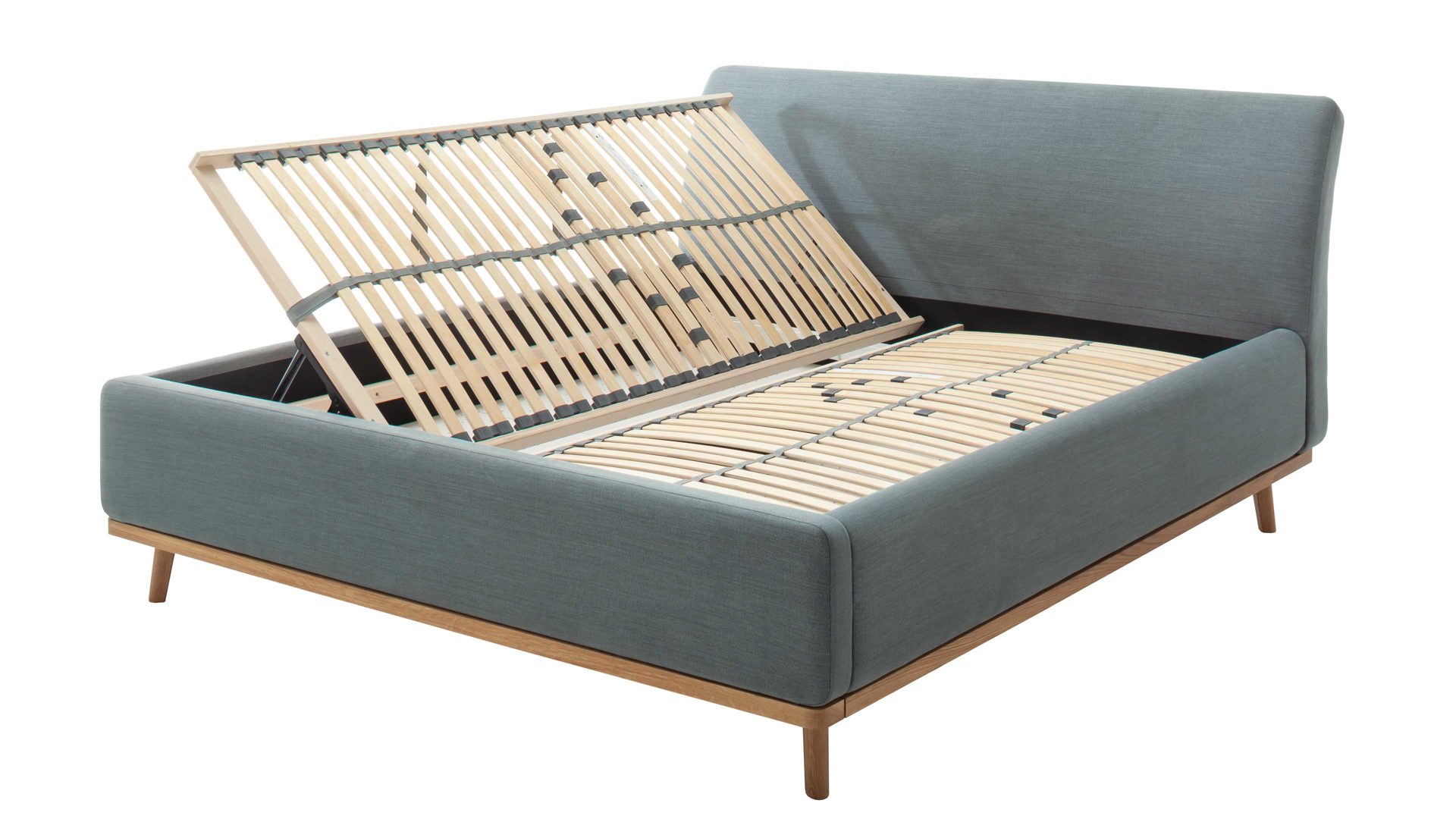 Polsterbett Meise.möbel aus Stoff in Blau Polsterbettgestell Mila mit Bettkasten und Holzrahmen, glattes Kopfteil oceanfarbener Flachgewebe-Bezug Capri 7463 - Liegefläche ca. 180 x 200 cm