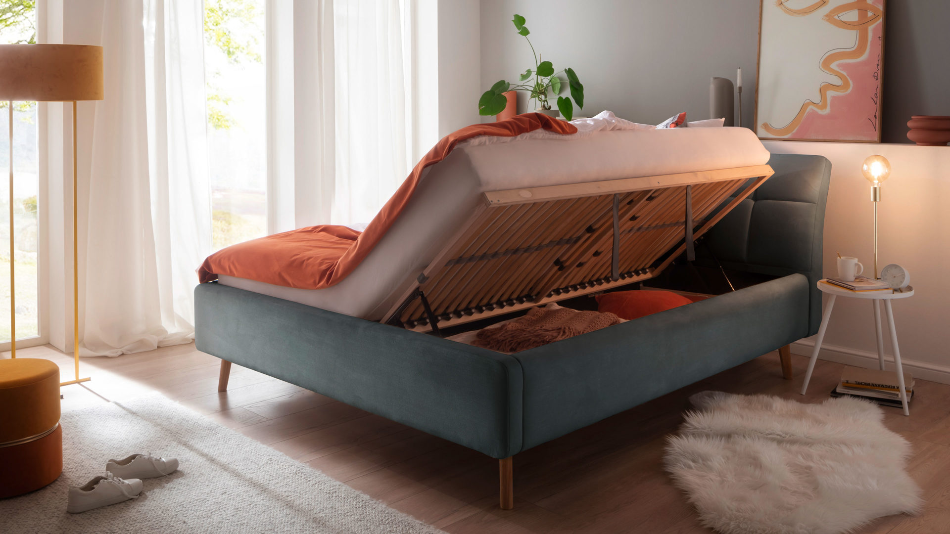 Polsterbett Meise.möbel aus Stoff in Blau Polsterbett Mila mit Bettkasten, gestepptes Kopfteil oceanfarbener Flachgewebe-Bezug Capri 7463 - Liegefläche ca. 180 x 200 cm