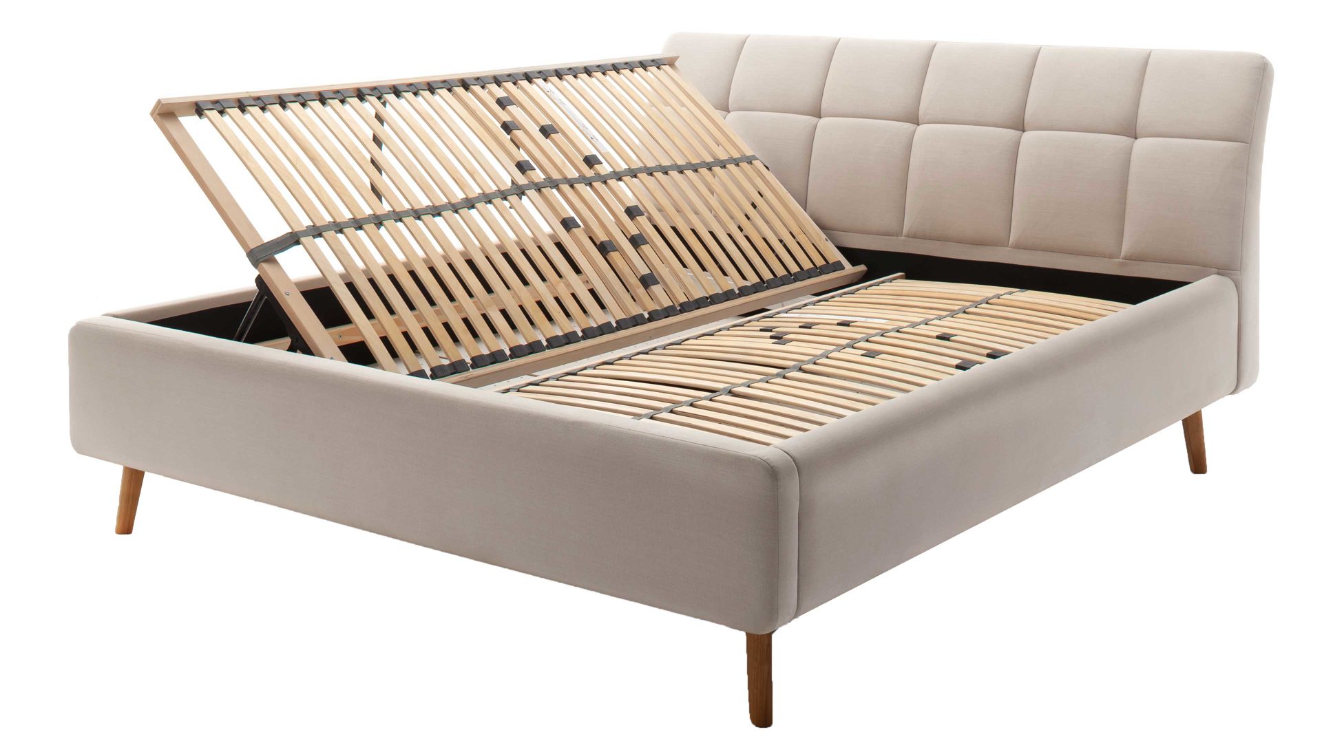 Polsterbett Meise.möbel aus Stoff in Beige Polsterbettgestell Mila mit Bettkasten, gestepptes Kopfteil beiger Flachgewebe-Bezug Capri 3723 - Liegefläche ca. 180 x 200 cm