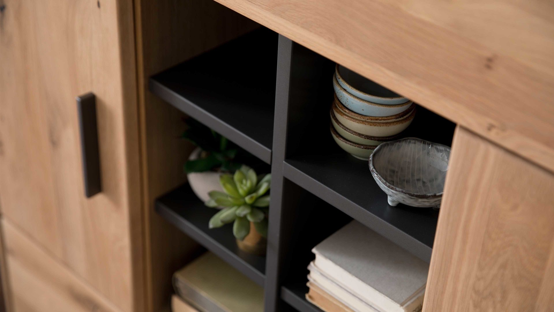 Wohnwand Mca furniture aus Holz in Holzfarben Wohnprogramm Portland - Wohnkombination II Asteiche bianco & Anthrazit – vierteilig, Breite ca. 338 cm