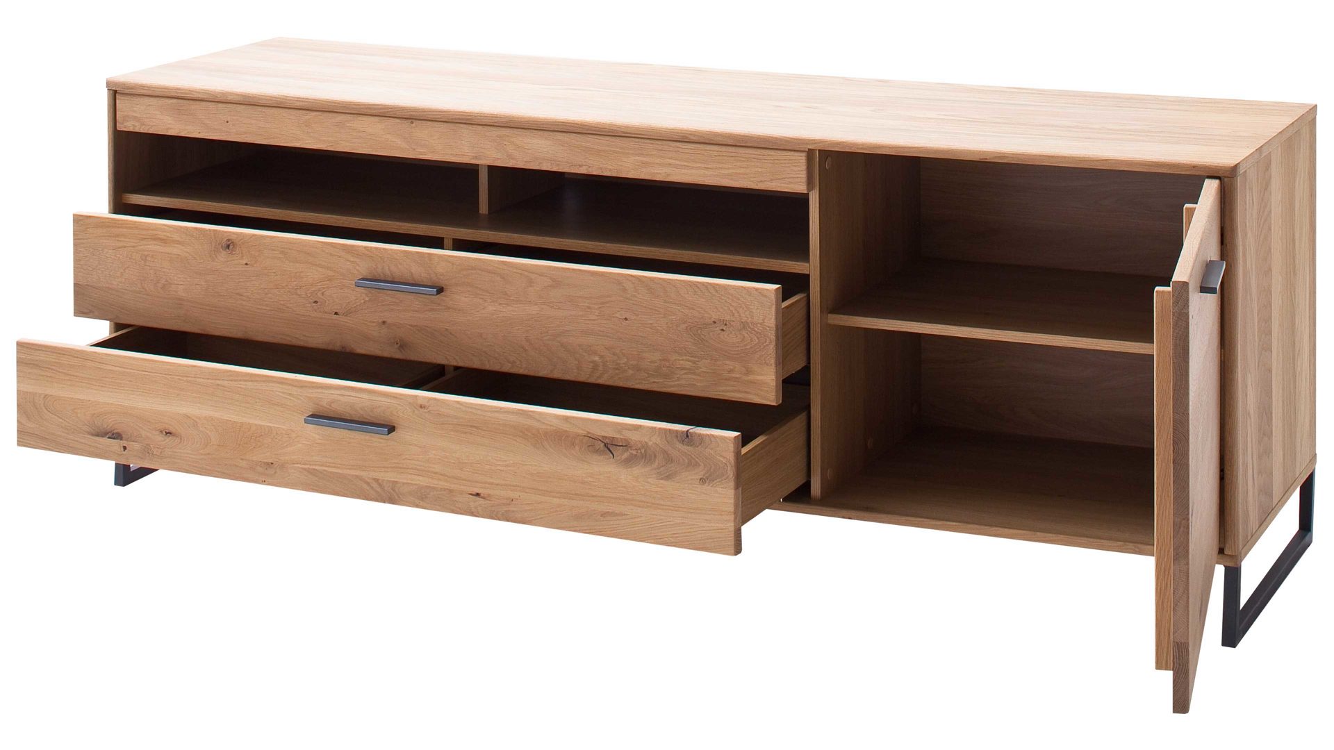 Wohnwand Mca direkt aus Holz in Holzfarben Wohnprogramm Portland - Wohnwand Asteiche bianco & Anthrazit – dreiteilig, Breite ca. 298 cm