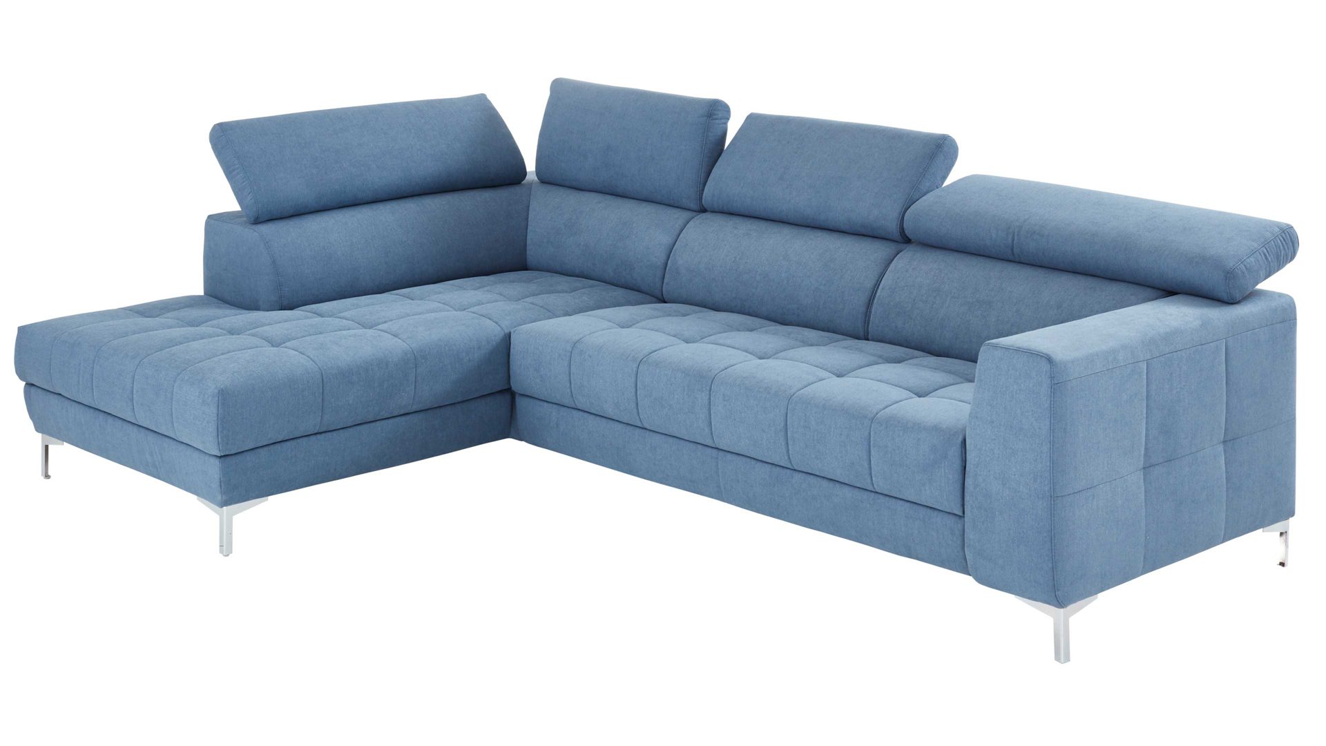 Ecksofa KAWOO aus Stoff in Blau KAWOO Serie 7567 - Ecksofa taubenblauer Bezug EQE 16 & Chromfuß C17 - Stellfläche ca. 201 x 293 cm