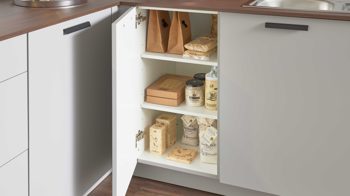 Einbauküche culineo® aus Holz in Hellgrau Culineo® Einbauküche C317 mit beko Einbaugeräten Steingrau & Nussbaum - Stellfläche ca. 365 x 363 cm