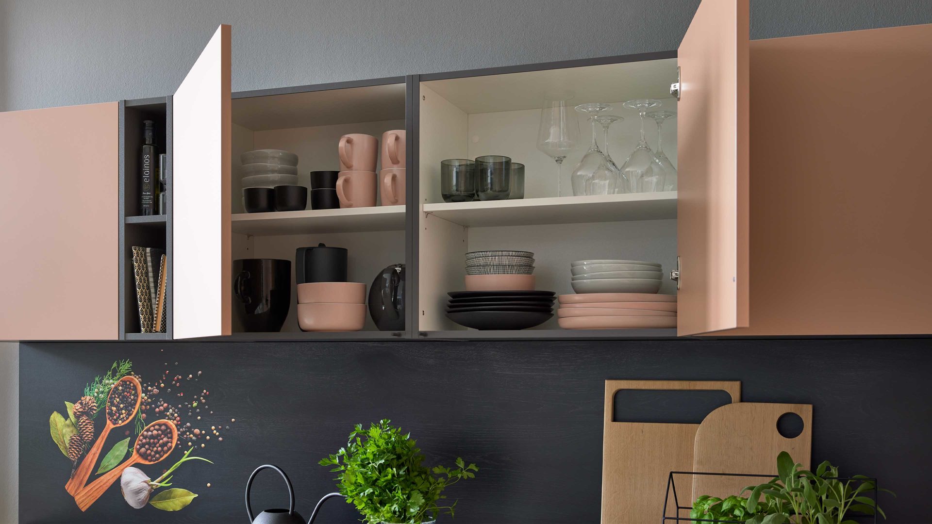 Einbauküche culineo® aus Holz in Rosa Culineo® Einbauküche C357 mit privileg Einbaugeräten Koralle & Schiefergrau - zweizeilig