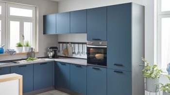 Einbauküche culineo® aus Holz in Blau Culineo® Einbauküche C945 mit privileg Einbaugeräten Fjordblau - Stellfläche ca. 310 x 305 cm