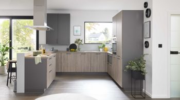 Einbauküche culineo® aus Holz in Holzfarben Culineo® Einbauküche C371 mit PROGRESS Einbaugeräten Eiche Bergamo & Schiefergrau - Stellfläche ca. 275 x 305 cm