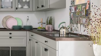 Einbauküche culineo® aus Holz in Hellgrau Culineo® Einbauküche C684 mit gorenje  Einbaugeräten Steingrau - Stellfläche ca. 420 x 335 cm