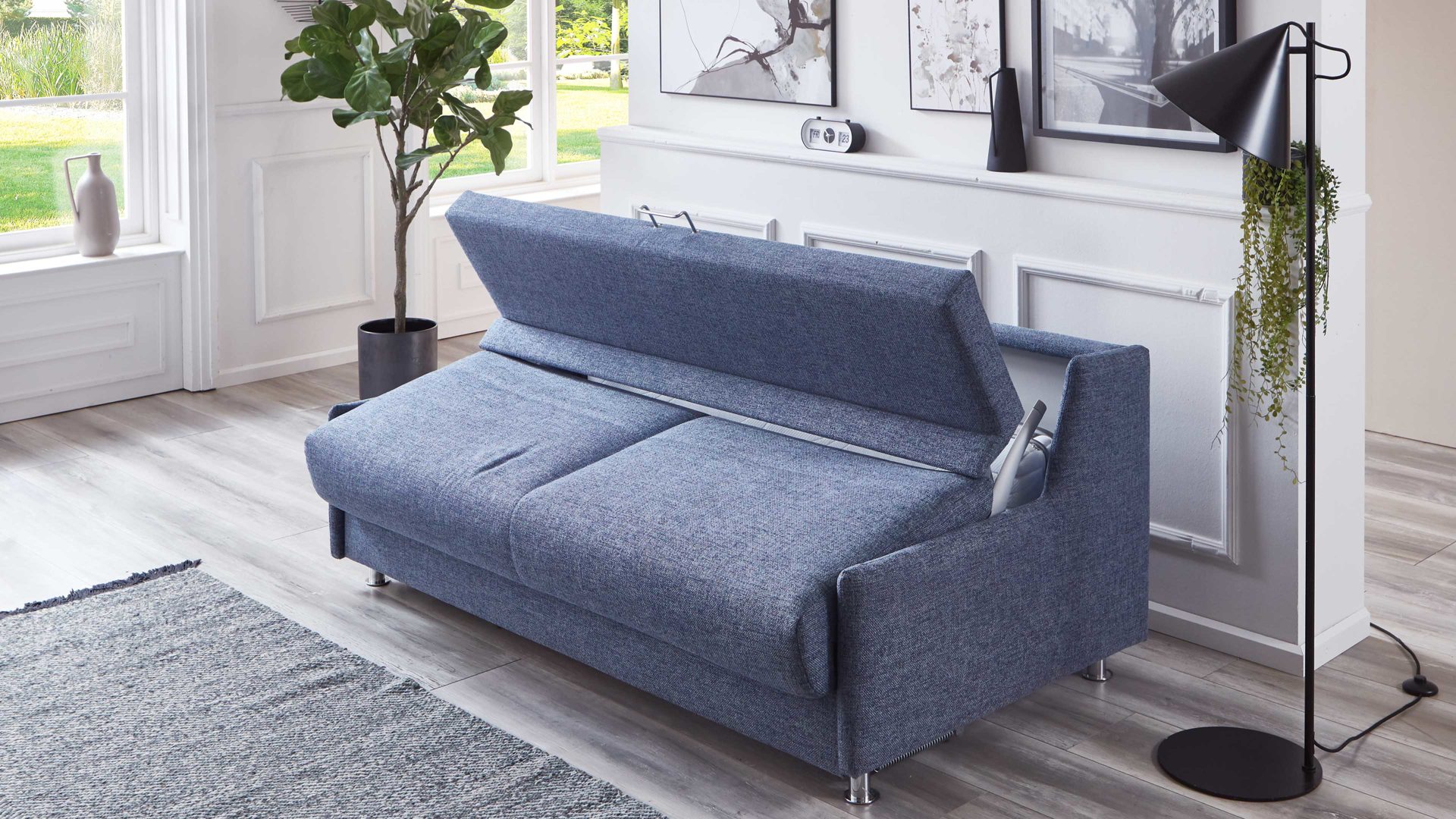 Schlafsofa Bali aus Stoff in Blau Schlafsofa Grande graublauer Bezug 3013 & chromfarbene Füße - Breite ca. 175 cm