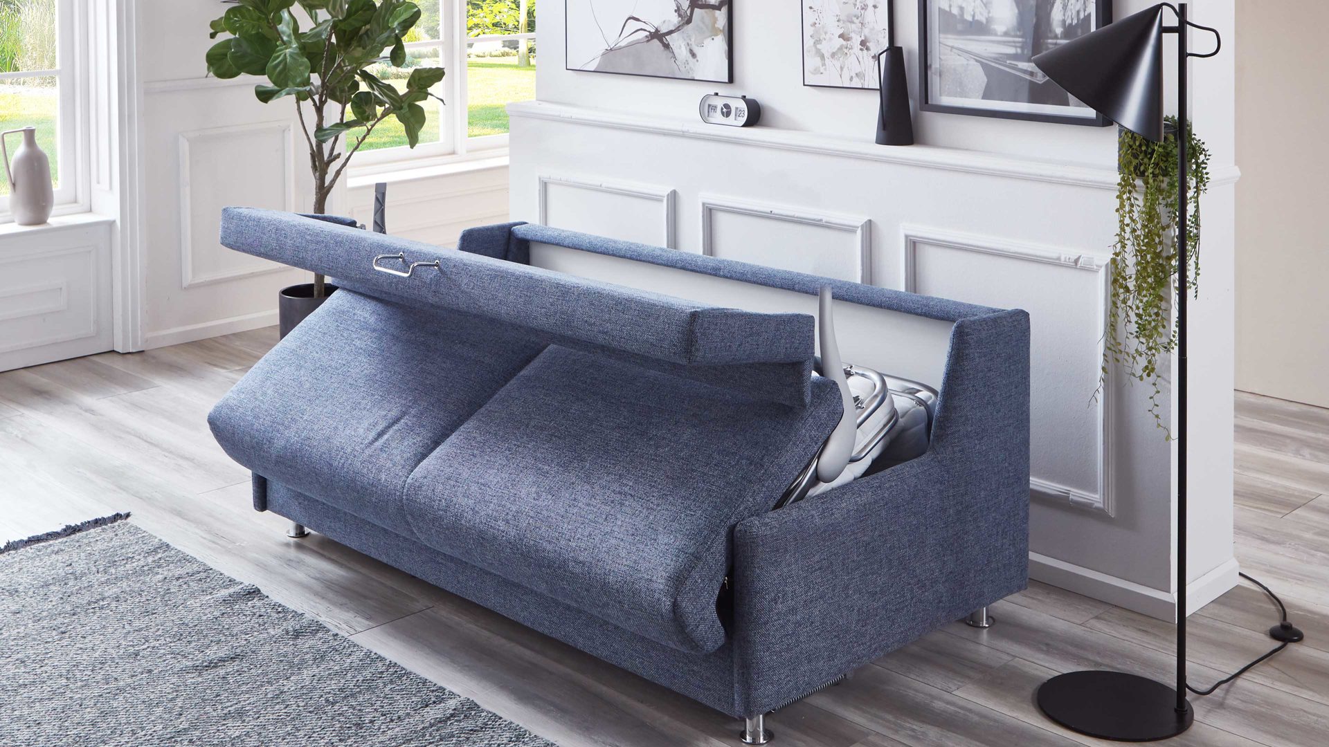 Schlafsofa Bali aus Stoff in Blau Schlafsofa Grande graublauer Bezug 3013 & chromfarbene Füße - Breite ca. 175 cm