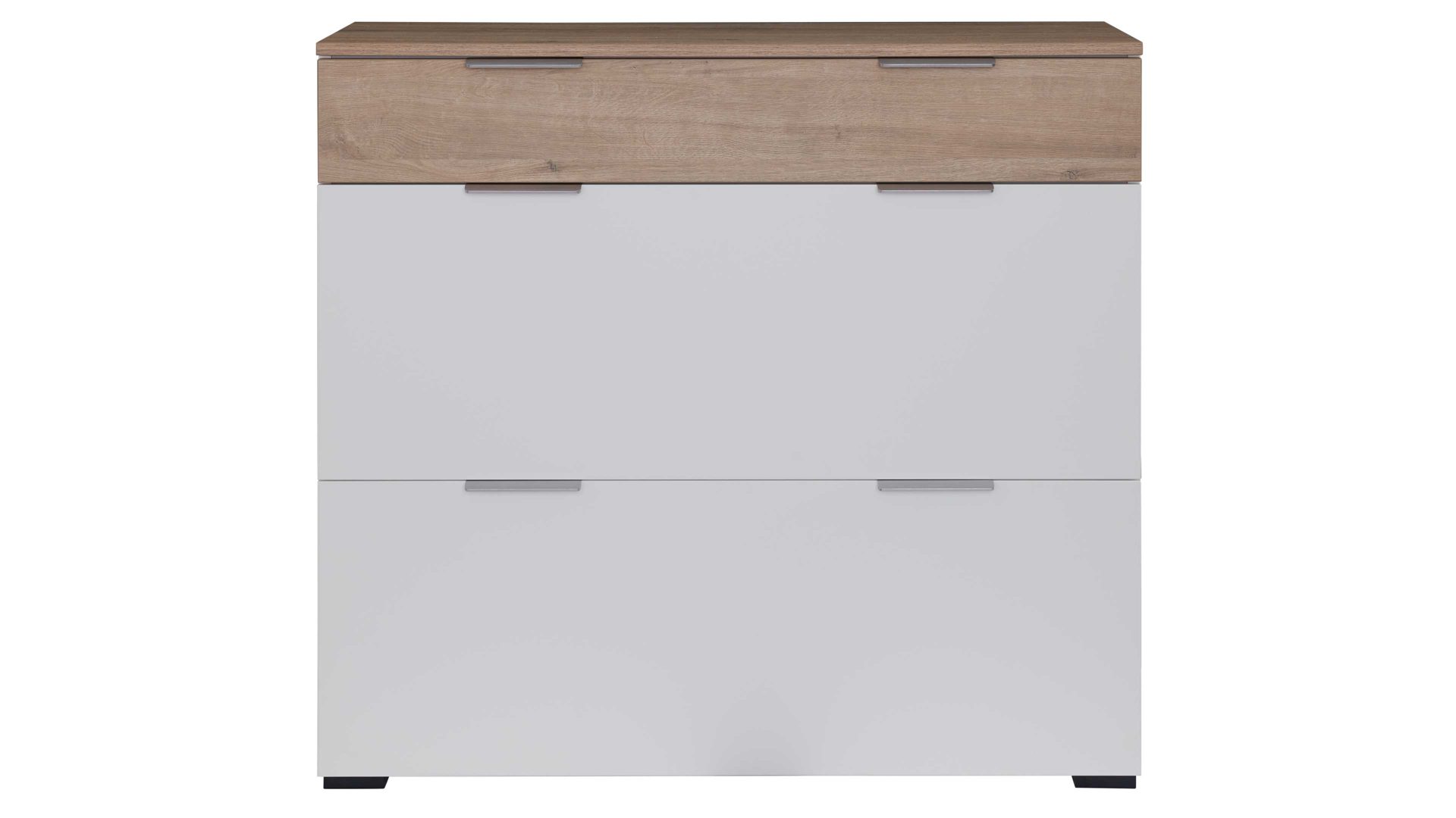 Schuhschrank Interliving aus Holz in Weiß Interliving Garderobe Serie 6012 - Schuhschrank weißer Mattlack & Steineiche - eine Schublade, zwei Klappen, Breite ca. 120 cm