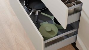 Einbauküche WERT KÜCHE® aus Holz in Grau WERT KÜCHE® Mattea mit Side by Side Kühl-Gefrierkombi Kieselgrau & Wildeiche - zweizeilig