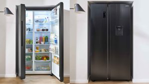 Einbauküche WERT KÜCHE® aus Holz in Grau WERT KÜCHE® Mattea mit Side by Side Kühl-Gefrierkombi Kieselgrau & Wildeiche - zweizeilig