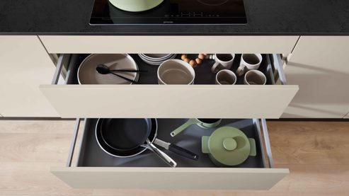 Einbauküche WERT KÜCHE® aus Holz in Grau WERT KÜCHE® Mattea mit Side by Side Kühl-Gefrierkombi Kieselgrau & Wildeiche - zweizeilig