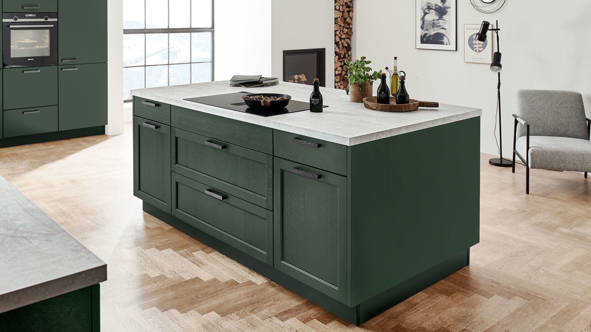 Einbauküche Nolte® küchen aus Holz in Dunkelgrün nolte® Einbauküche Lugano mit SIEMENS Einbaugeräten Black Green – dreiteilig