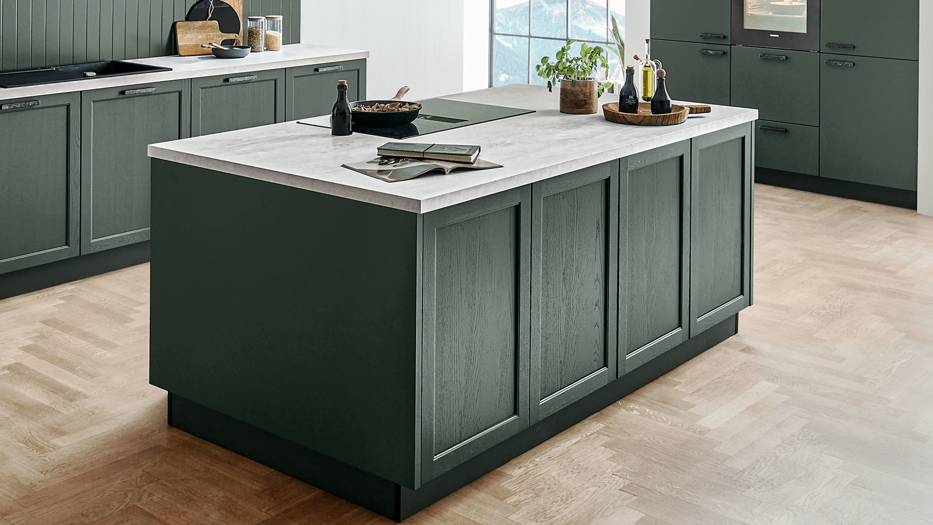 Einbauküche Nolte® küchen aus Holz in Dunkelgrün nolte® Einbauküche Lugano mit SIEMENS Einbaugeräten Black Green – dreiteilig
