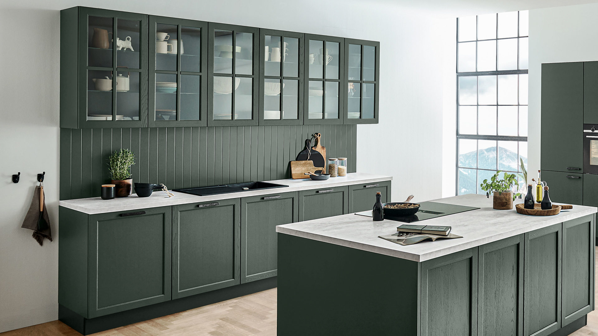 Einbauküche Nolte® küchen aus Holz in Dunkelgrün nolte® Einbauküche Lugano mit SIEMENS Einbaugeräten Black Green – dreiteilig
