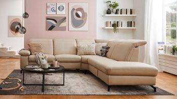 Ecksofa Steinpol polsteria aus Stoff in Beige Polstermöbel Serie Senturo System - Ecksofa sandfarbene Mikrofaser Kevin - Stellfläche ca. 280 x 245 cm