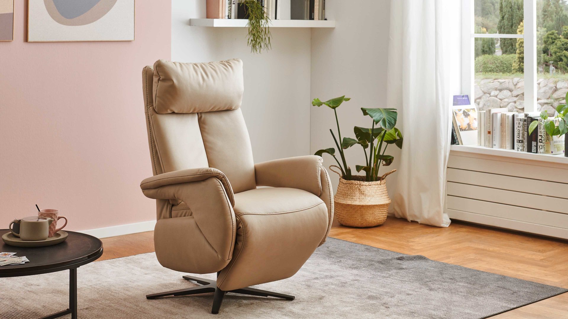 Relaxsessel Steinpol polsteria aus Stoff in Sand Sesselprogramm Relaxa Feeling XC - Relaxsessel M2 sandfarbene Mikrofaser Kevin & schwarzer Sternfuß