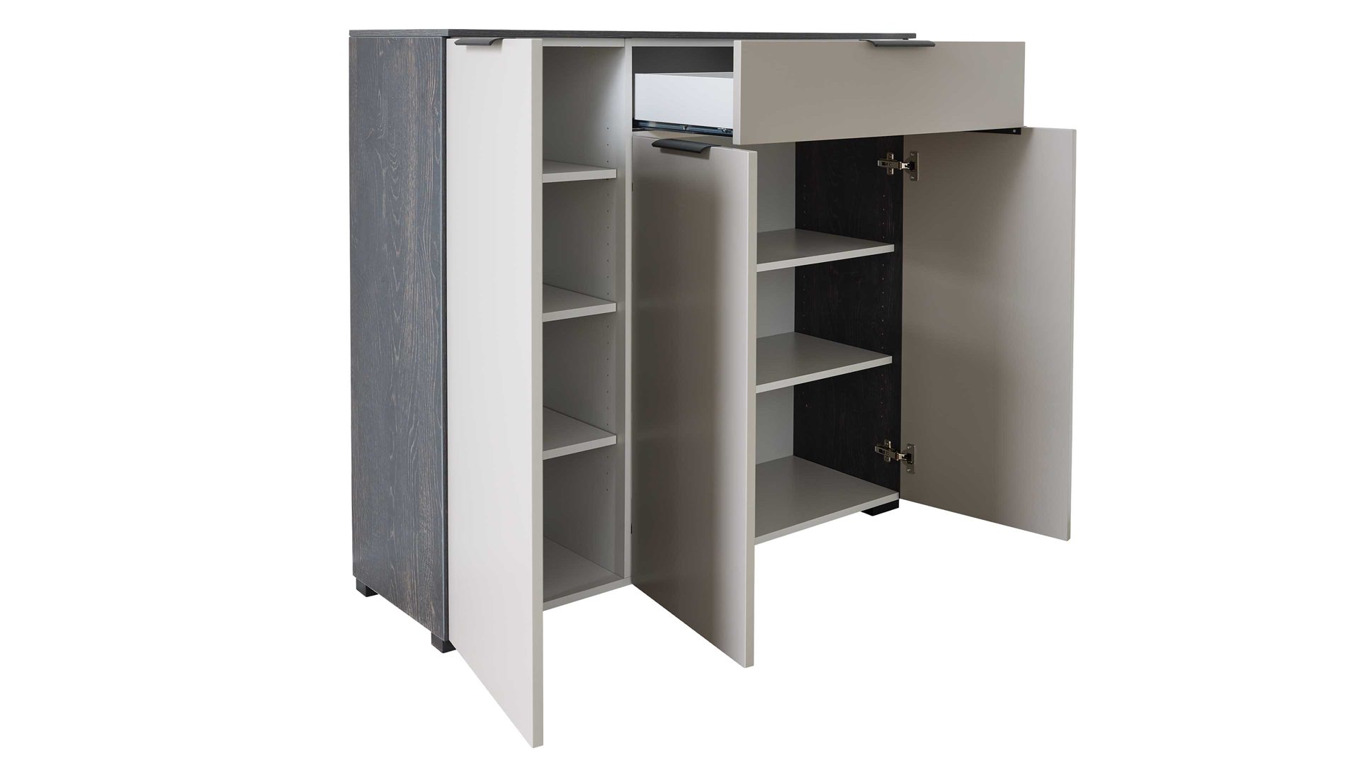 Kombikommode Interliving aus Holz in Grau Interliving Garderobe Serie 6012 - Kombikommode INL-302 graubeiger Mattlack & Räuchereiche - drei Türen, eine Schublade, Breite ca. 120 cm