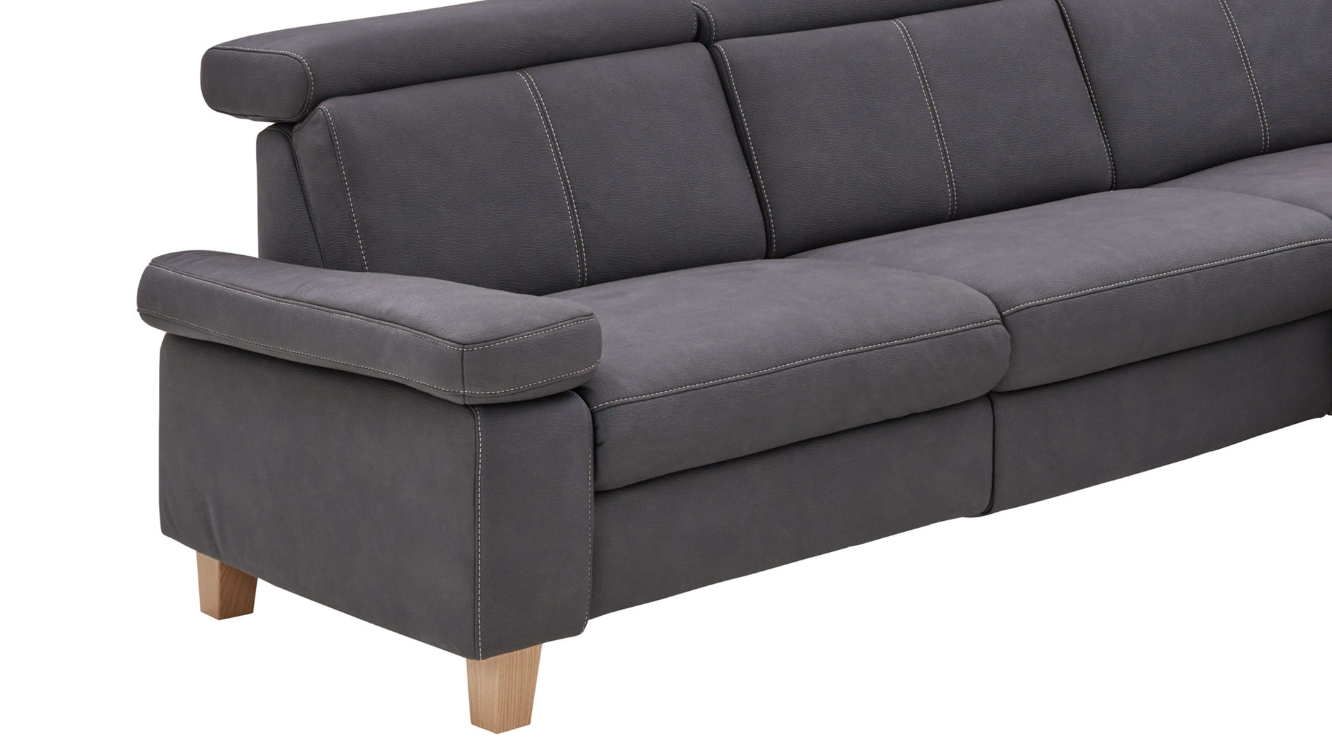 Ecksofa Steinpol polsteria aus Stoff in Dunkelgrau Polsterprogramm Relaxa 10.0 PSG - Ecksofa dunkelgrauer Stoffbezug Ares & Eiche Bianco Holzfüsse - ca. 289 x 250 cm