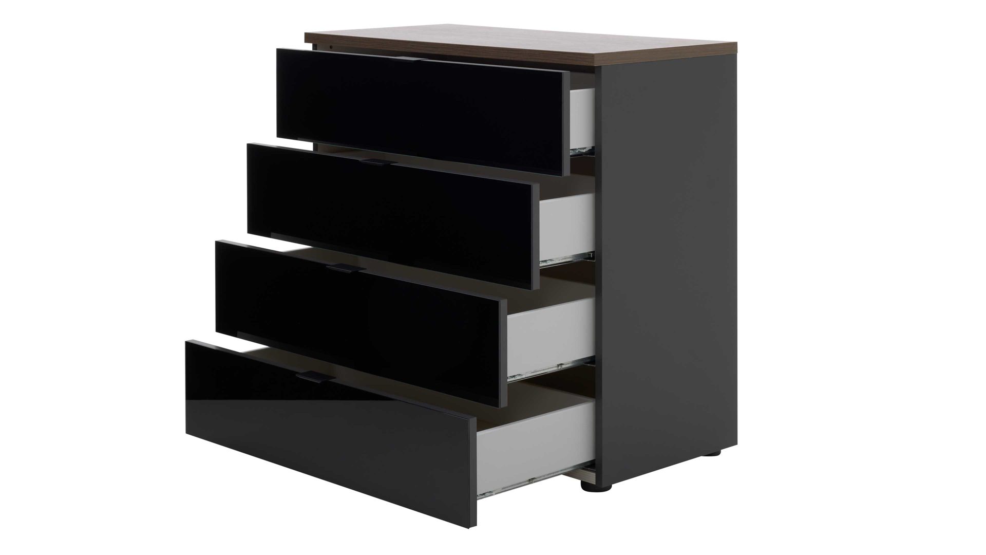 Schubladenkommode Interliving aus Holz in Schwarz Interliving Kleiderschrank Serie 1208 - Schubladenkommode Schwarzglas & Atlantic Eiche - vier Schubladen, Breite ca. 58 cm