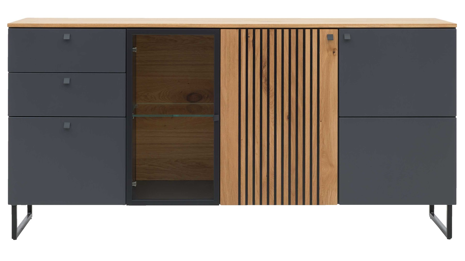 Sideboard Interliving aus Holz in Dunkelgrau Interliving Esszimmer Serie 5605 – Sideboard 5704 quarzgrauer Lack & Charakter-Eiche - drei Türen, drei Schubladen, Breite ca. 183 cm