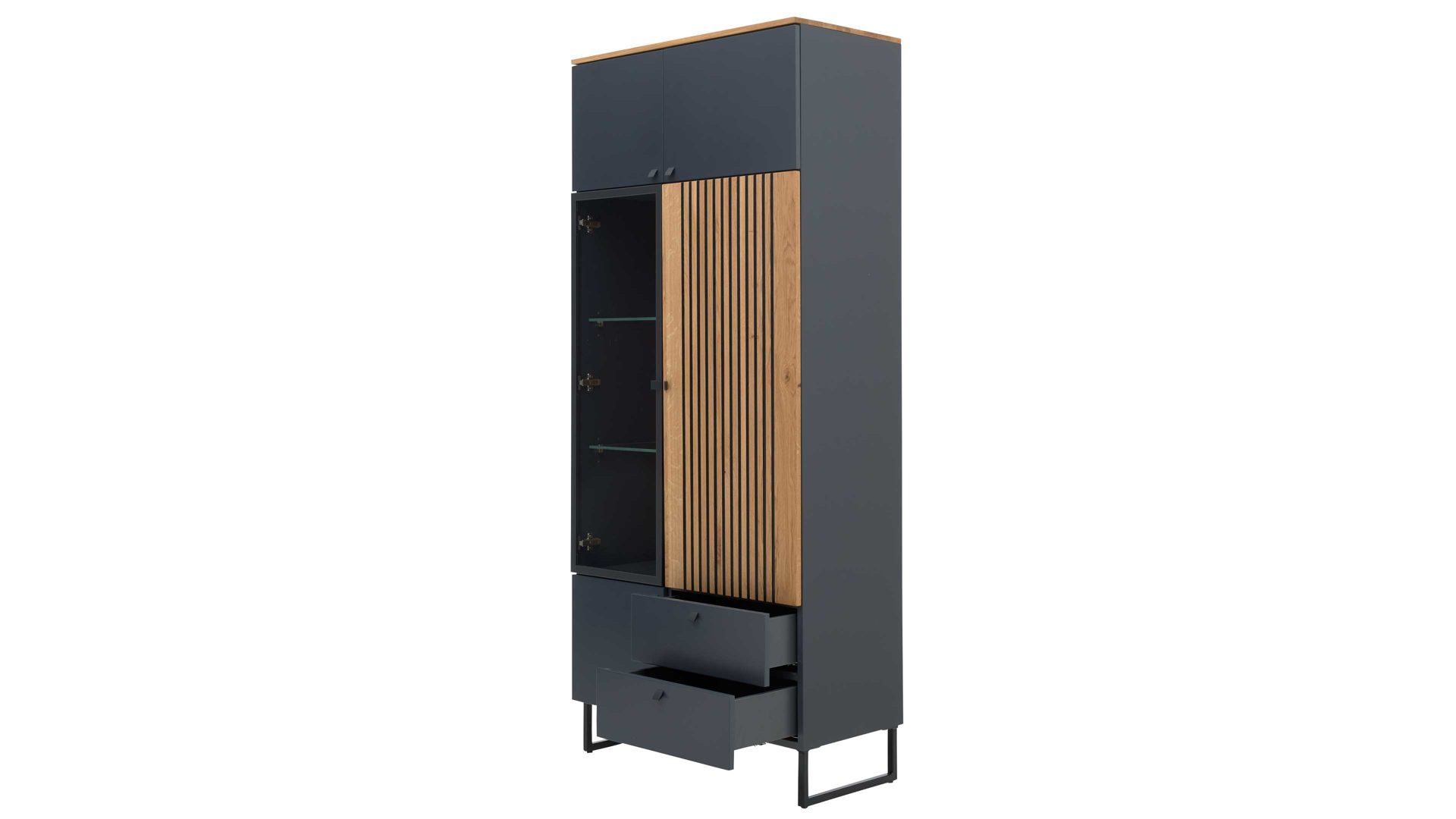 Vitrine Interliving aus Holz in Dunkelgrau Interliving Esszimmer Serie 5605 – Vitrine 5784 quarzgrauer Lack & Charakter-Eiche - fünf Türen, zwei Schubladen, Höhe ca. 194 cm