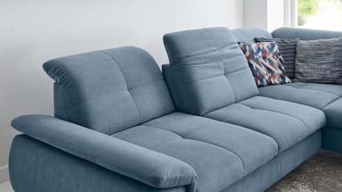 Ecksofa KAWOO aus Stoff in Blau KAWOO Serie 7178 - Ecksofa bzw. Polsterecke mit Funktionen eisblaue Chenille XBO-26 – Stellfläche ca. 319 x 240 cm